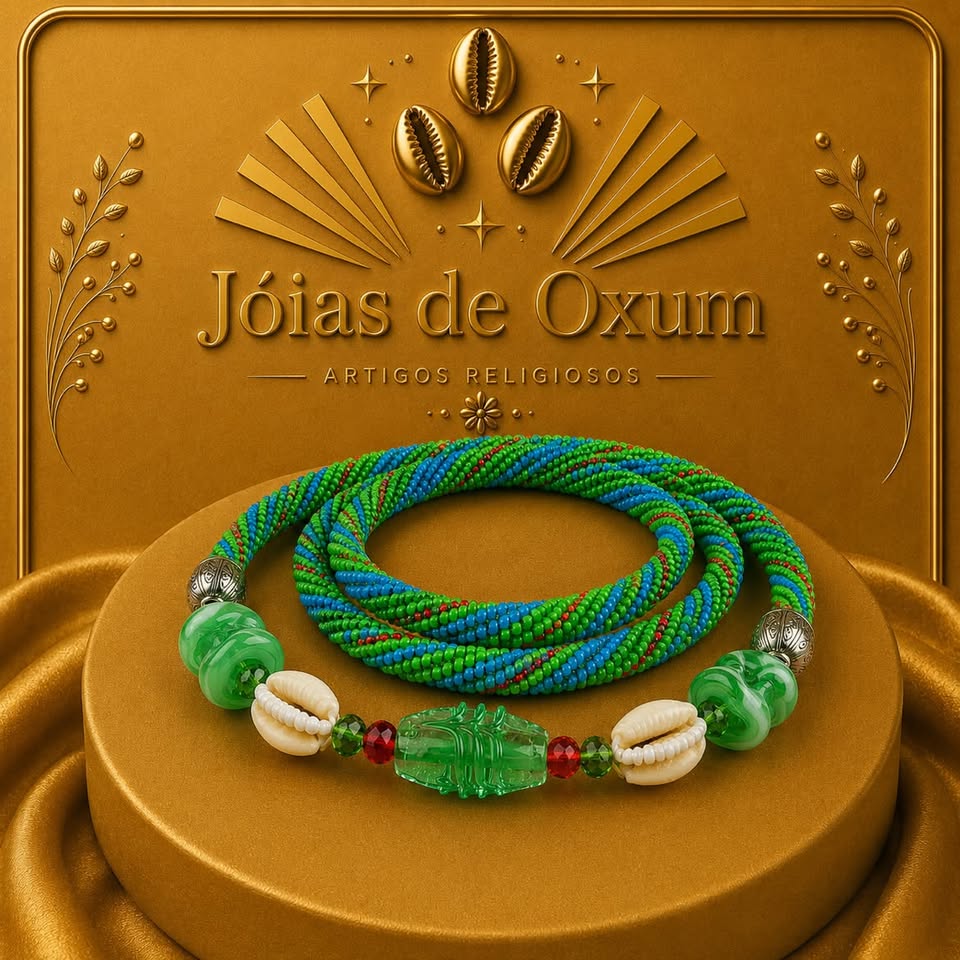 Guia de Oxóssi Artesanal – Miçangas Verde e Azul com Búzios
