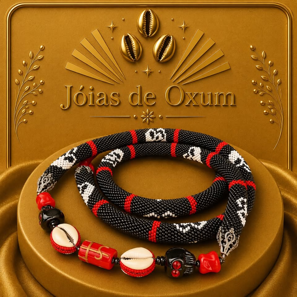 Handmade Exu Guide – Black, Red, and White Beads with Firmness and Cowrie Shells